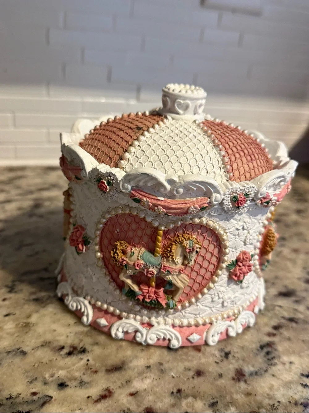 Vintage Ornate Pink & White Carousel jewelery Box - Decorative Home Art